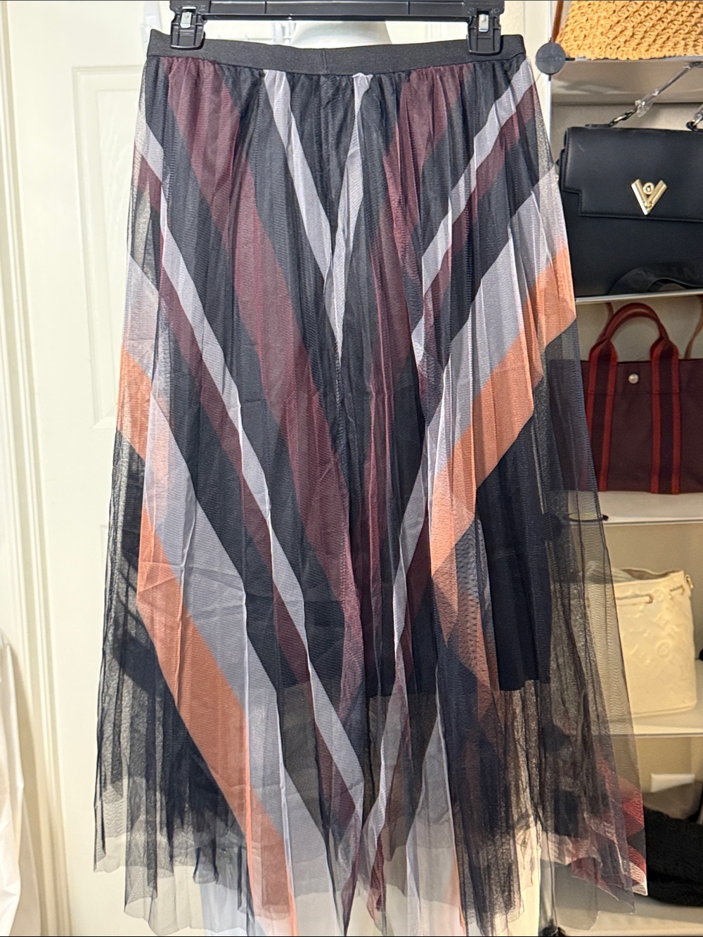 Striped Pleated Midi Skirt in Black, Rust & Gray